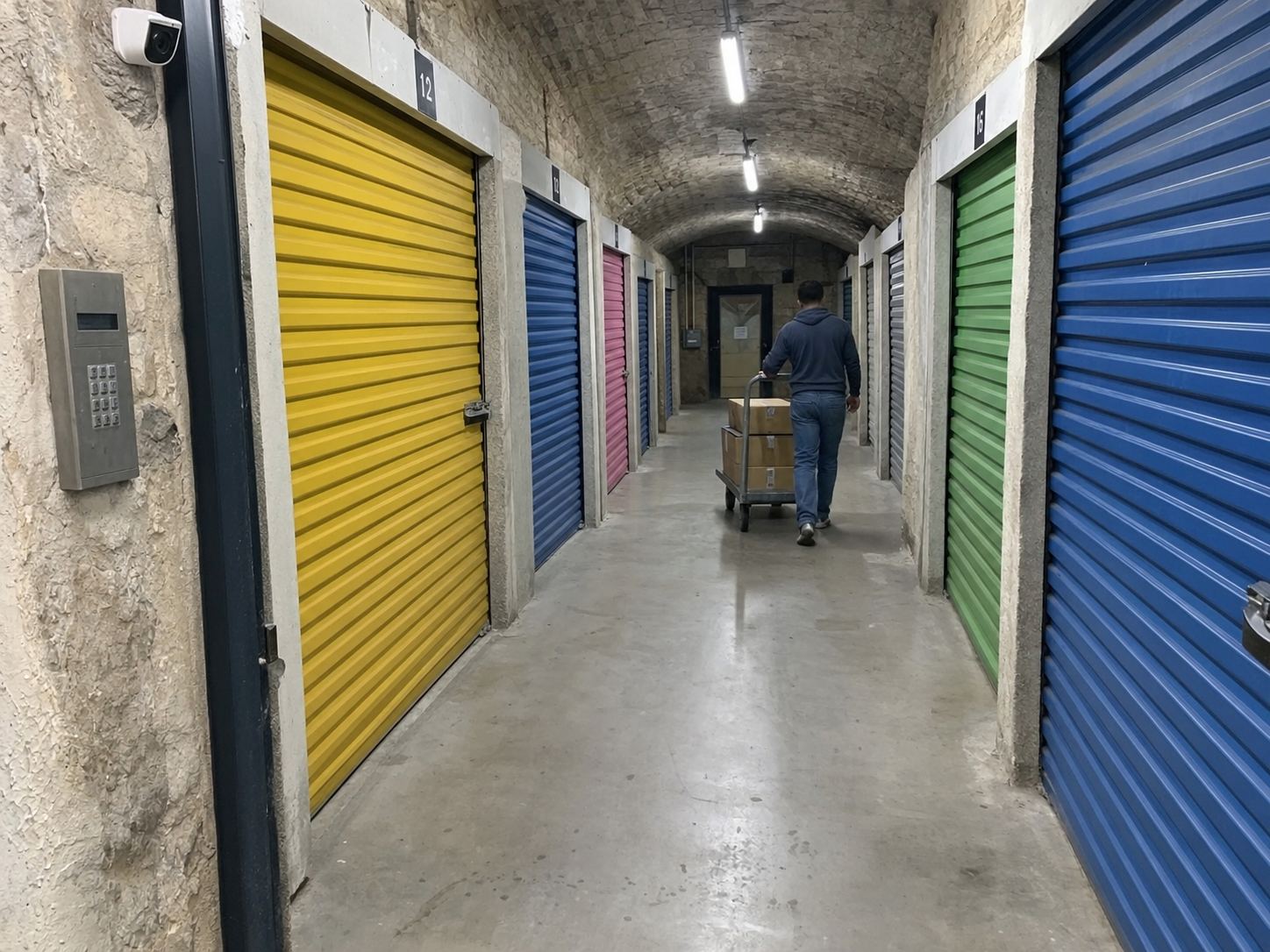 Allée voûtée en pierre bordée de box aux volets jaunes, bleus, roses et verts, avec digicode et caméra à l'entrée